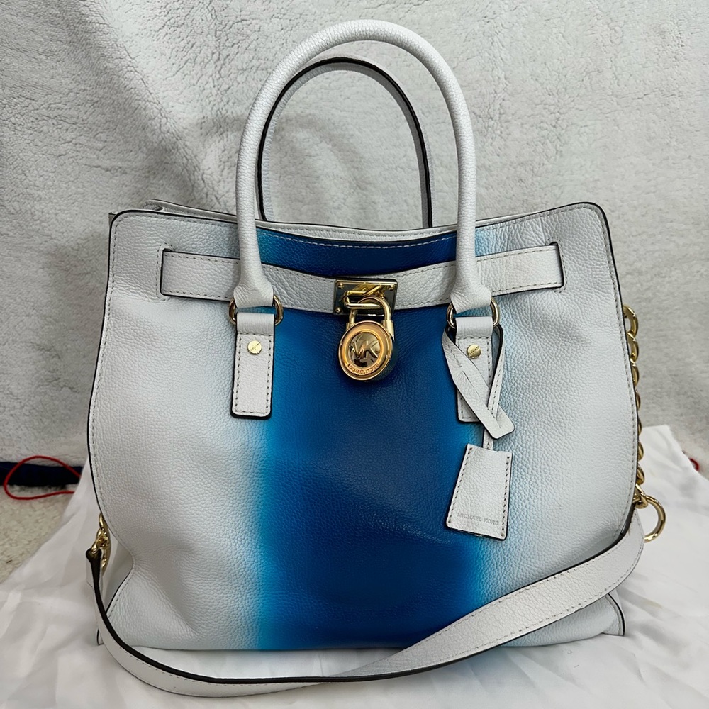 EUC Michael Kors Hamilton Spray Large North South Tote Bag White Blue